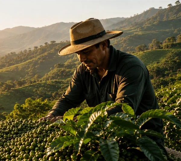 Producer picking coffee in the Colombian mountains
